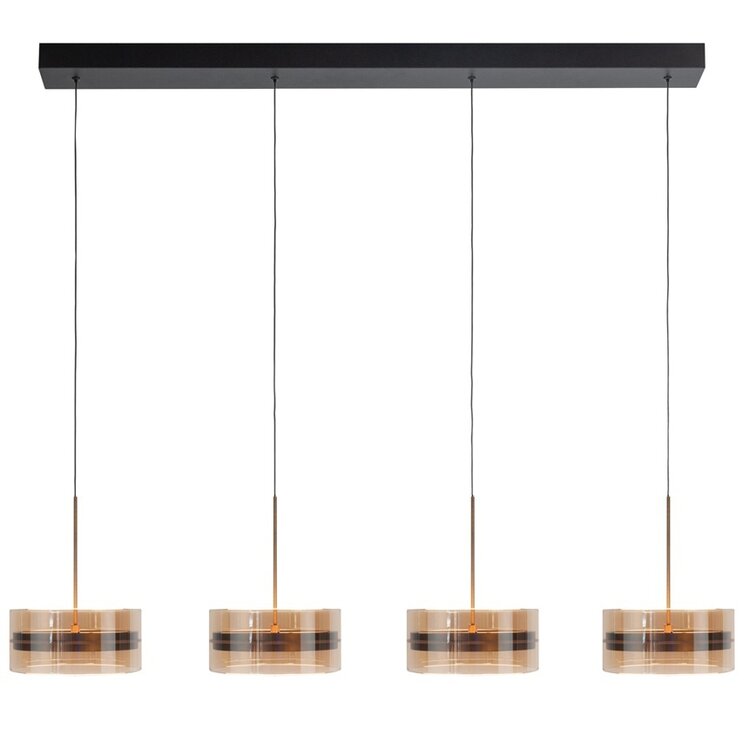Highlight Hanglamp Enzo Zwart & Brons - Amber Glas Ø 20cm  - 4 Lichts  Balk 117cm