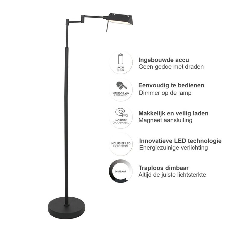 Mexlite Oplaadbare Vloerlamp GlowGo Zwart Verstelbaar incl Accu 4603ZW