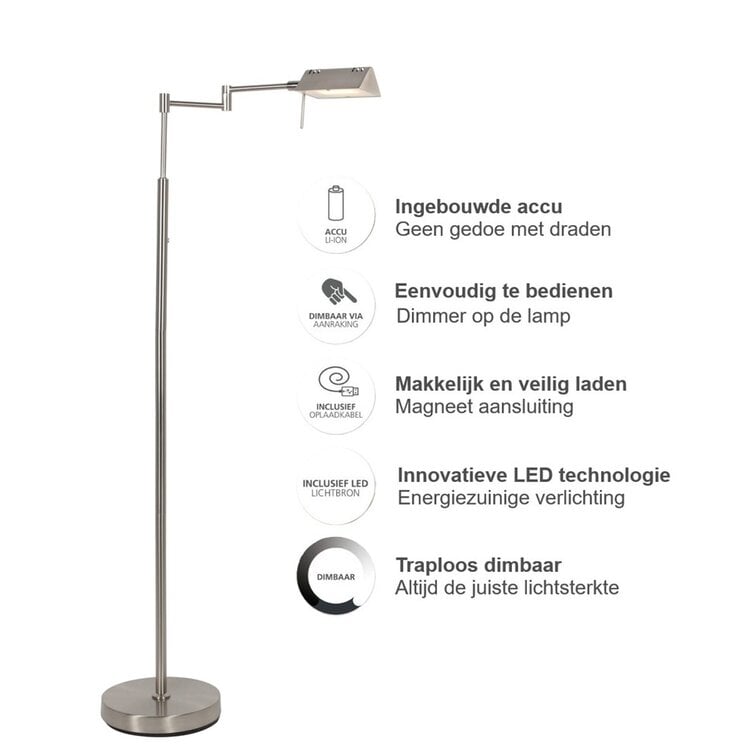 Mexlite Oplaadbare Vloerlamp GlowGo Staal Verstelbaar incl Dimmer 4603ST