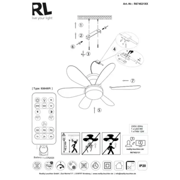 REALITY Reality Plafondventilator Lund Wit incl. Lamp & Remote Ø 53cm