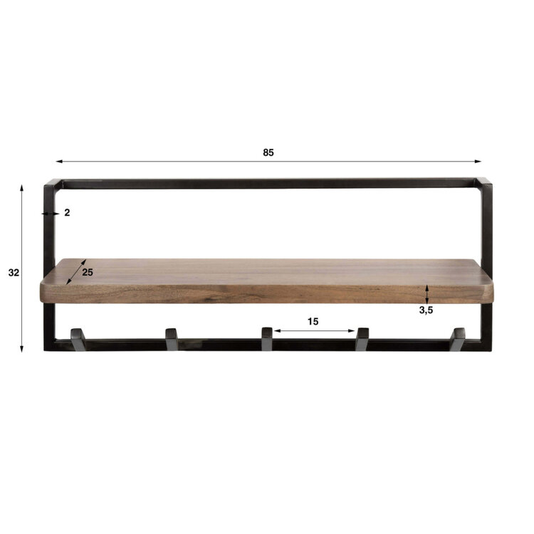 Kapstok Air Pure Brons  Massief Acacia Bruin 6 Haken 85cm Hoedenplank