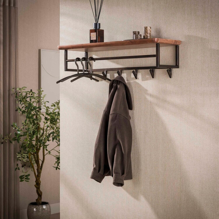 Kapstok Edge Curve Brons  Massief Acacia Bruin 6 Haken 100cm Hoedenplank