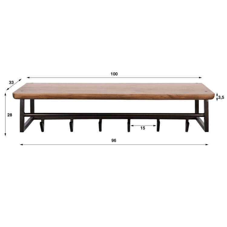 Kapstok Edge Curve Brons  Massief Acacia Bruin 6 Haken 100cm Hoedenplank