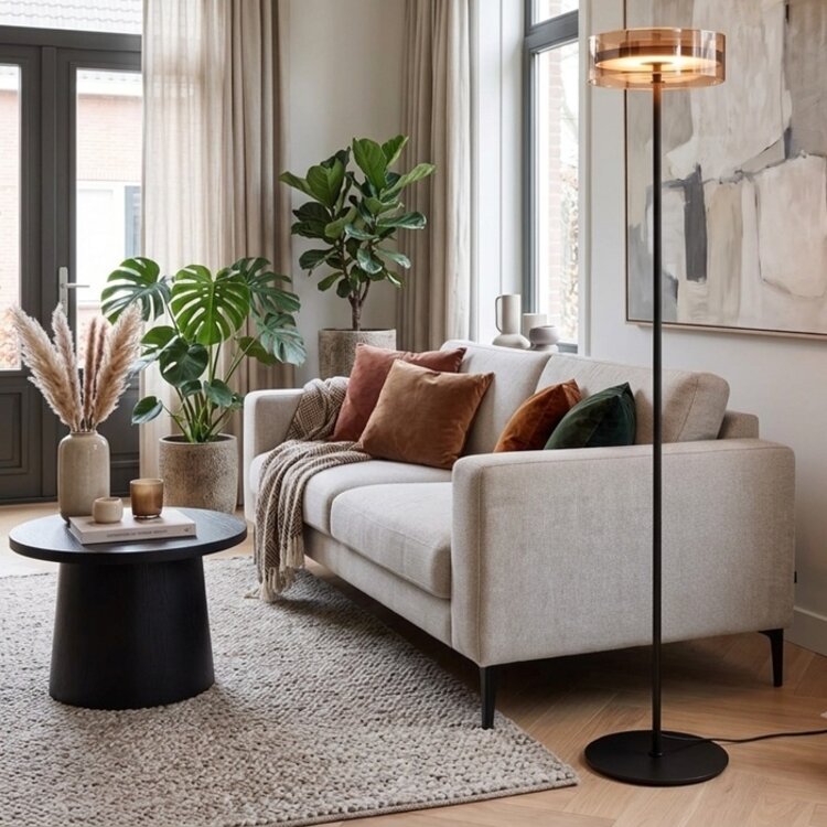 Highlight Vloerlamp Enzo Zwart & Brons - Amber Glas Ø 30cm  H 165cm