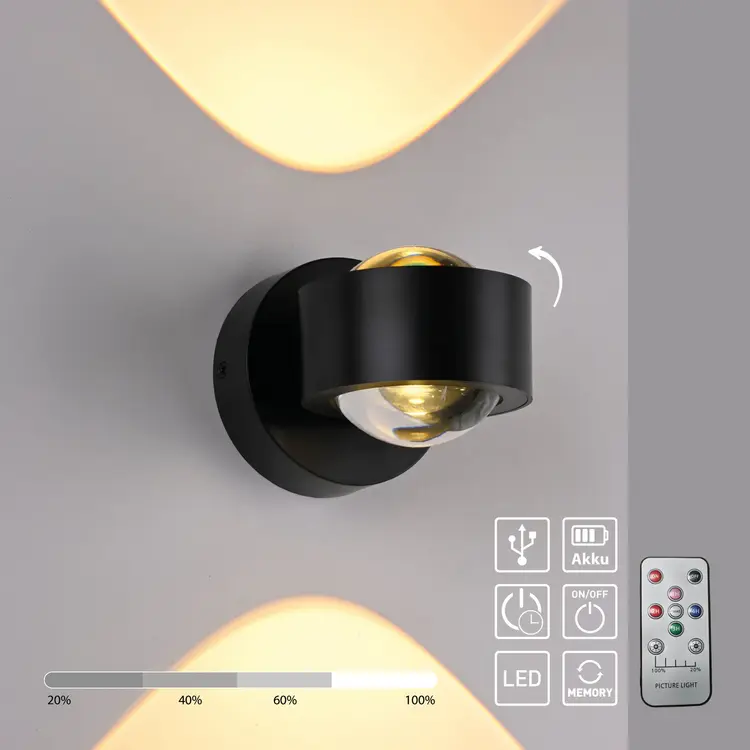 Oplaadbare Wandlamp Zwart Accu Led 2 Watt USB Magneet 3000K Afstandsbediening
