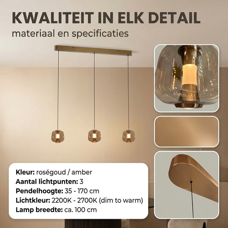 Freelight Hanglamp Rosa Rose-Goud - Amber Dim to Warm incl. Comfortlift L 100 cm