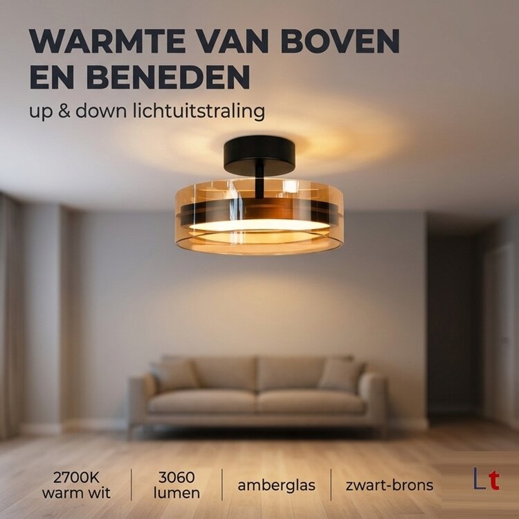 Highlight Plafondlamp Enzo Zwart & Brons - Amber Glas Ø 30cm