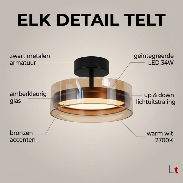 Highlight Plafondlamp Enzo Zwart & Brons - Amber Glas Ø 30cm