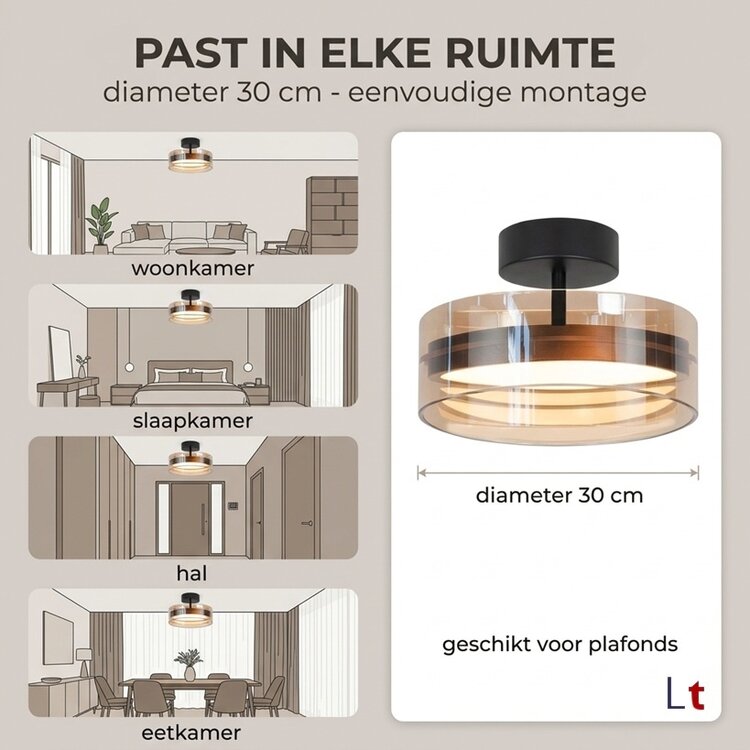 Highlight Plafondlamp Enzo Zwart & Brons - Amber Glas Ø 30cm