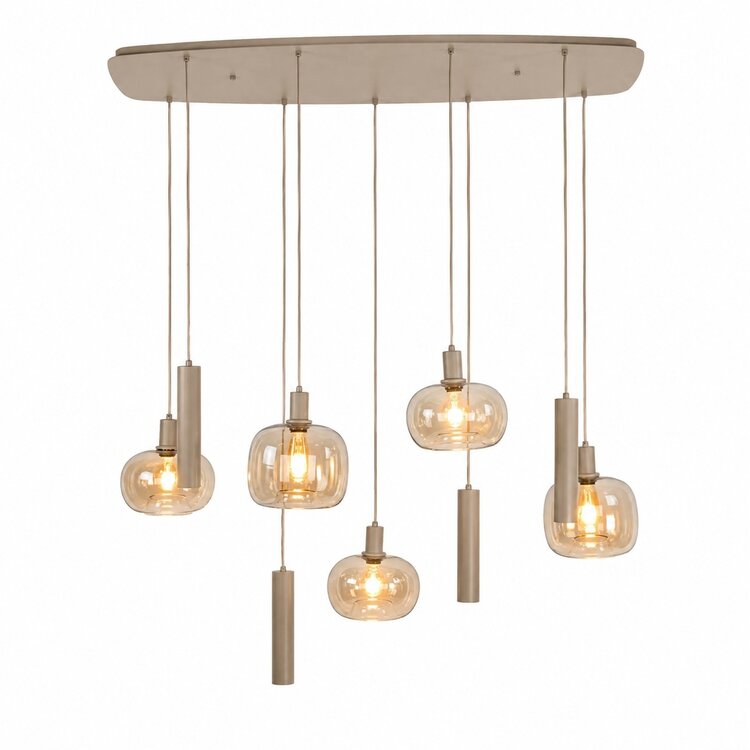 Hanglamp Serene Beige &  Amber Glas 5+4 Lichts