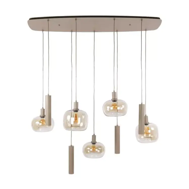 Hanglamp Serene Beige &  Amber Glas 5+4 Lichts