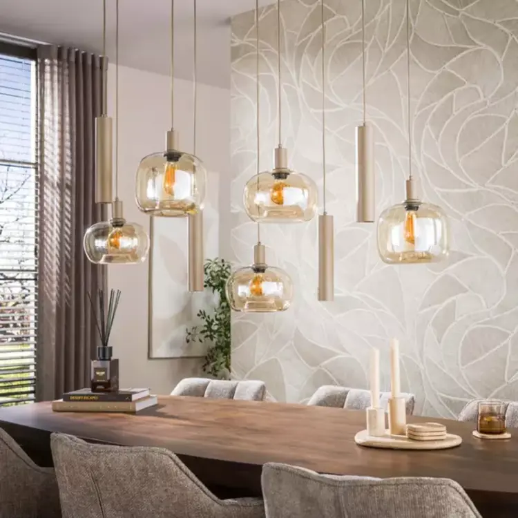 Hanglamp Serene Beige &  Amber Glas 5+4 Lichts