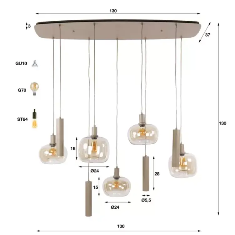 Hanglamp Serene Beige &  Amber Glas 5+4 Lichts