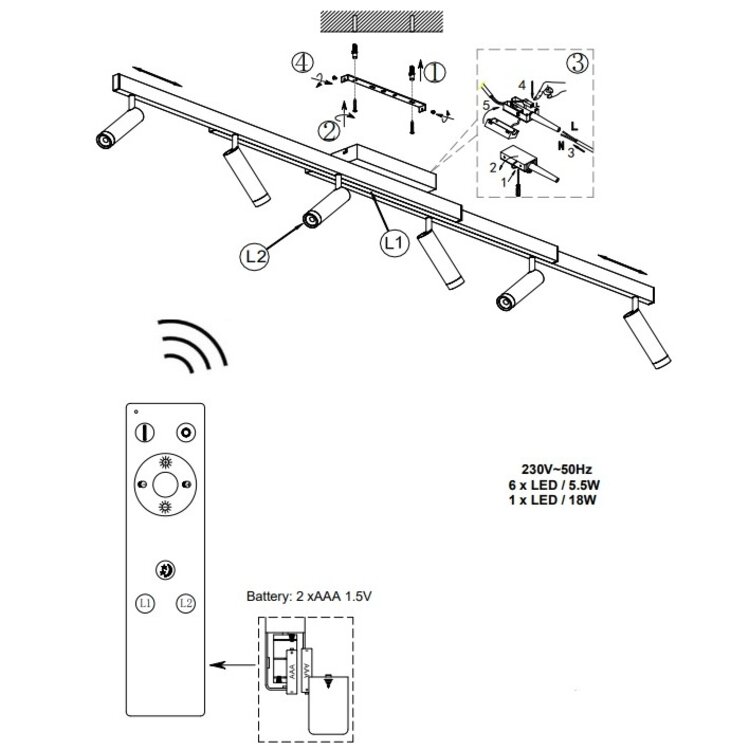 Trio Zeno Plafondlamp Zwart Uitschuifbaar 112 - 180 cm Incl. Afstandsbediening