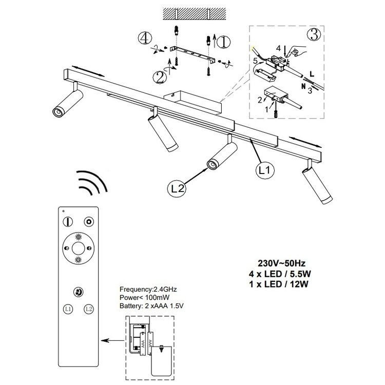 Trio Zeno Plafondlamp Zwart Uitschuifbaar 85 - 133 cm Incl. Afstandsbediening
