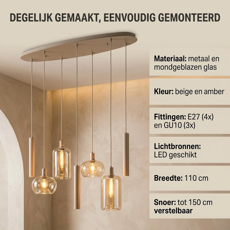 Hanglamp Serene Beige &  Amber Glas 4+3 Lichts