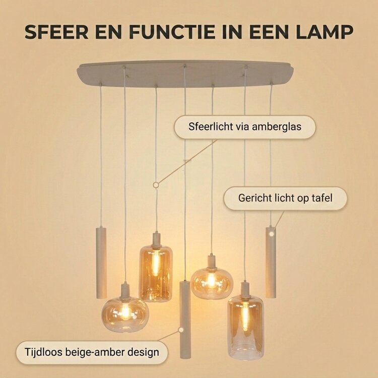 Hanglamp Serene Beige &  Amber Glas 4+3 Lichts
