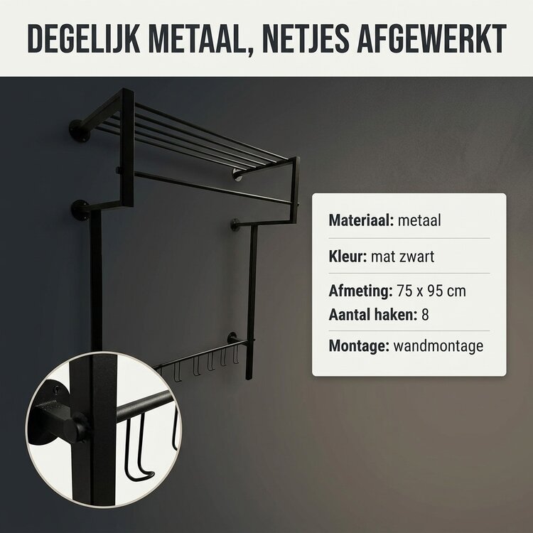 Kapstok Joy Royal XXL Mat Zwart 8 Haken 95 x 75cm
