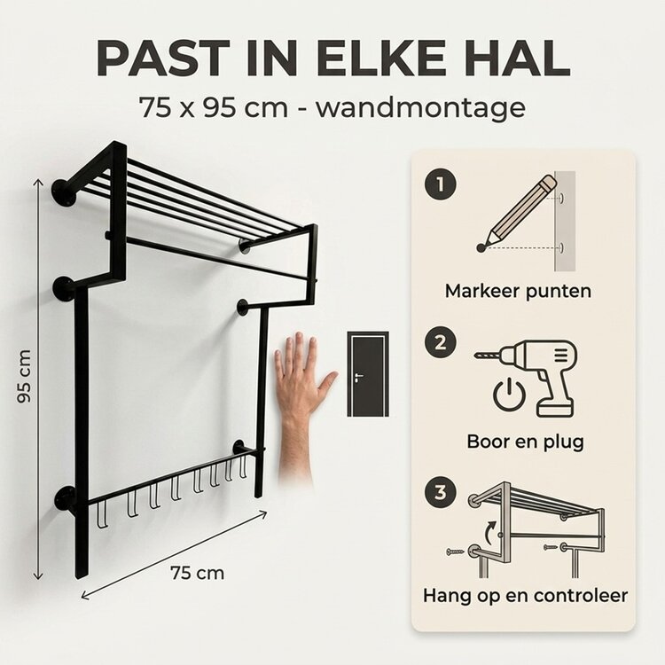 Kapstok Joy Royal XXL Mat Zwart 8 Haken 95 x 75cm