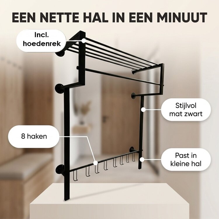 Kapstok Joy Royal XXL Mat Zwart 8 Haken 95 x 75cm