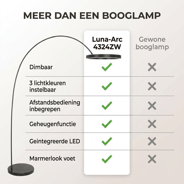 Mexlite Luna-Arc Zwarte Booglamp Dimbaar & Afstandsbediening 4324ZW