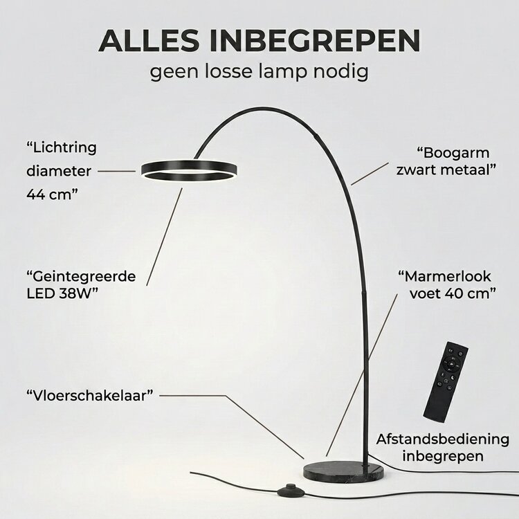 Mexlite Luna-Arc Zwarte Booglamp Dimbaar & Afstandsbediening 4324ZW