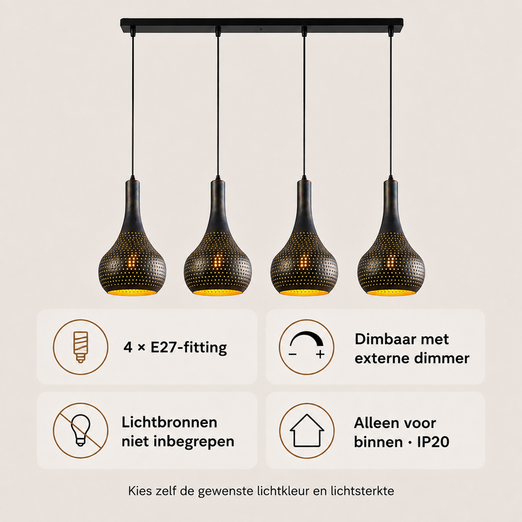 Hanglamp Punch Vintage Black Brown 4 Lichts L130cm