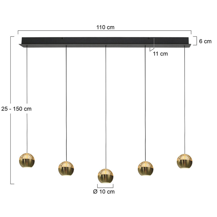 Steinhauer Hanglamp Belluno Zwart/Messing 5 Lichts L 110cm