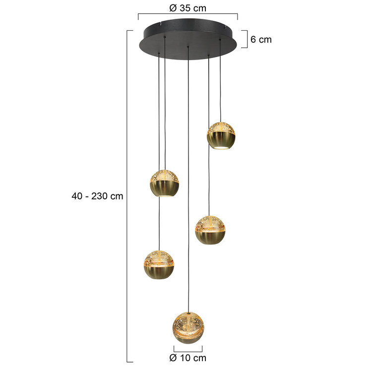 Steinhauer Steinhauer Hanglamp Belluno Zwart/Messing 5 Lichts Amber Glas Ø 35cm