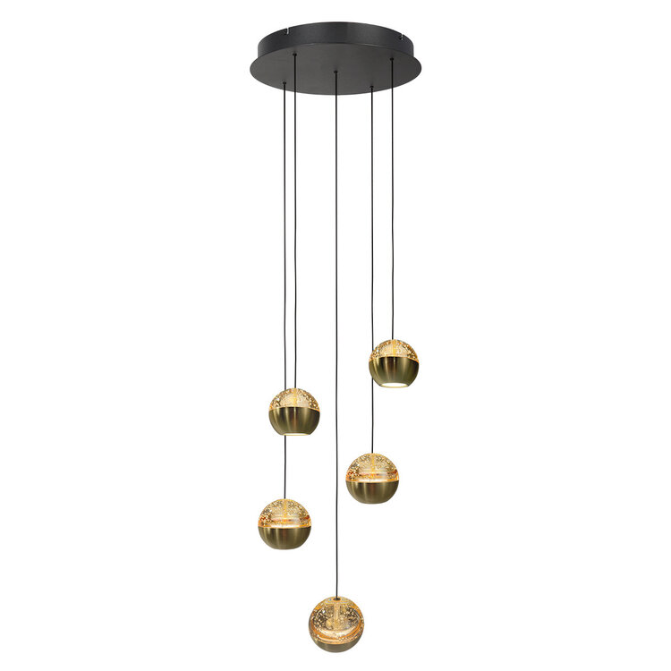 Steinhauer Steinhauer Hanglamp Belluno Zwart/Messing 5 Lichts Amber Glas Ø 35cm