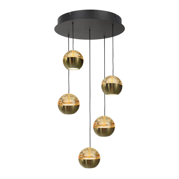 Steinhauer Steinhauer Hanglamp Belluno Zwart/Messing 5 Lichts Amber Glas Ø 35cm
