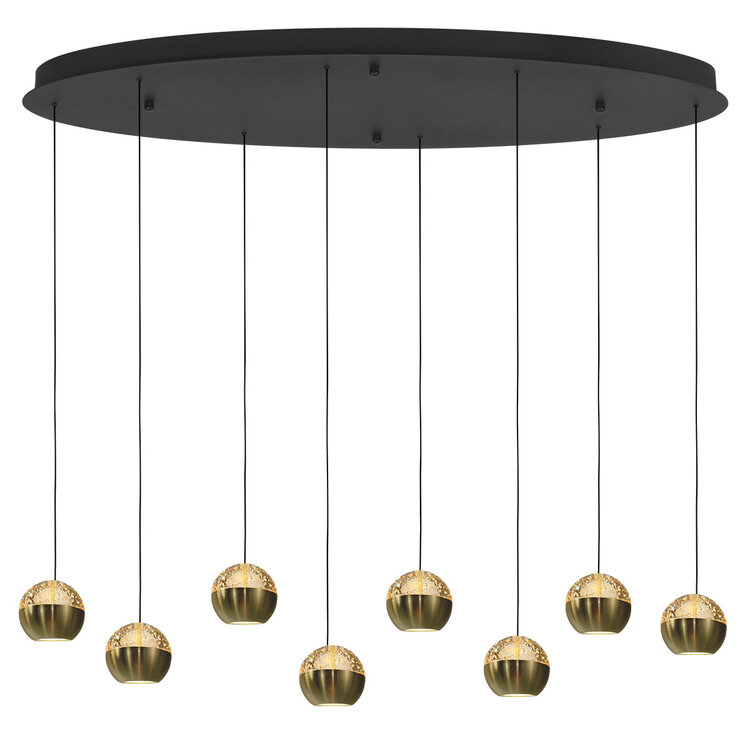 Steinhauer Hanglamp Belluno Zwart/Messing 8 Lichts Ovaal Amber Glas L 100cm