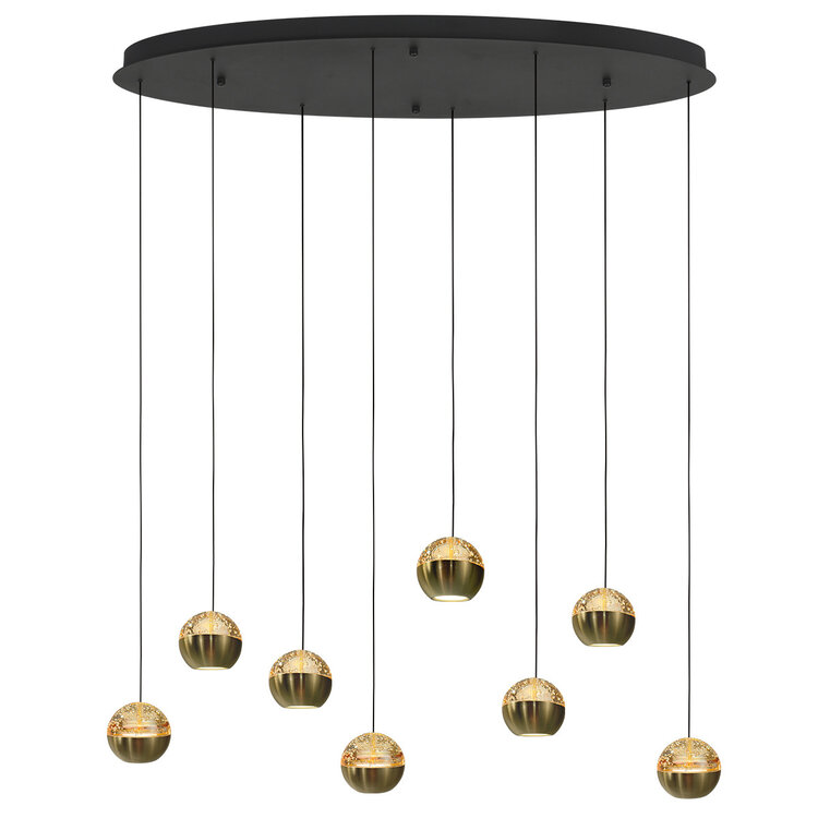 Steinhauer Hanglamp Belluno Zwart/Messing 8 Lichts Ovaal Amber Glas L 100cm