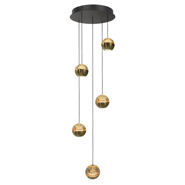 Steinhauer Steinhauer Hanglamp Belluno Zwart/Messing 5 Lichts Amber Glas Ø 35cm