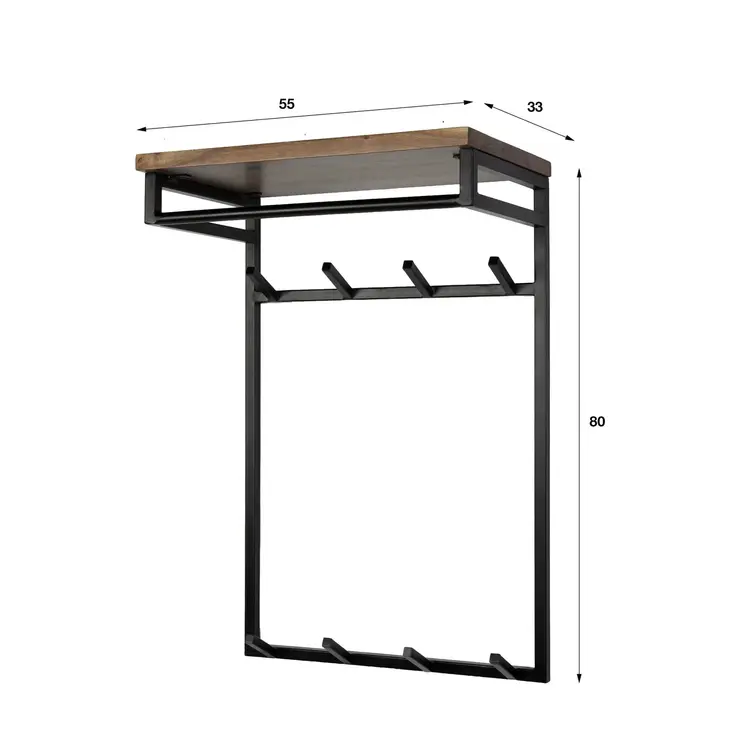 Kapstok Custom Hoog 2x 4 Haken  Roede & Hoedenplank  Massief Acacia Bruin 55cm