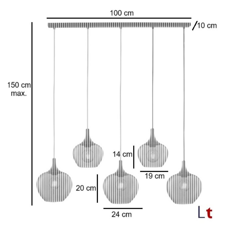 Freelight Hanglamp Fresu Crème Amber Glas Ø 19 & 24 cm 5-Lichts Balk