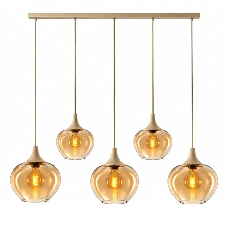Freelight Hanglamp Fresu Crème Amber Glas Ø 19 & 24 cm 5-Lichts Balk