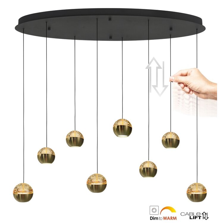 Steinhauer Hanglamp Belluno Zwart/Messing 8 Lichts Ovaal Amber Glas L 100cm