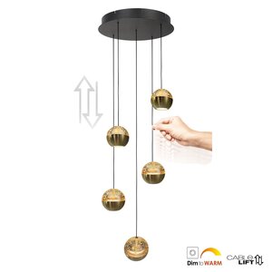 Hanglamp Belluno Zwart/Messing 5 Lichts Amber Glas