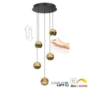 Hanglamp Belluno Zwart/Messing 5 Lichts Amber Glas