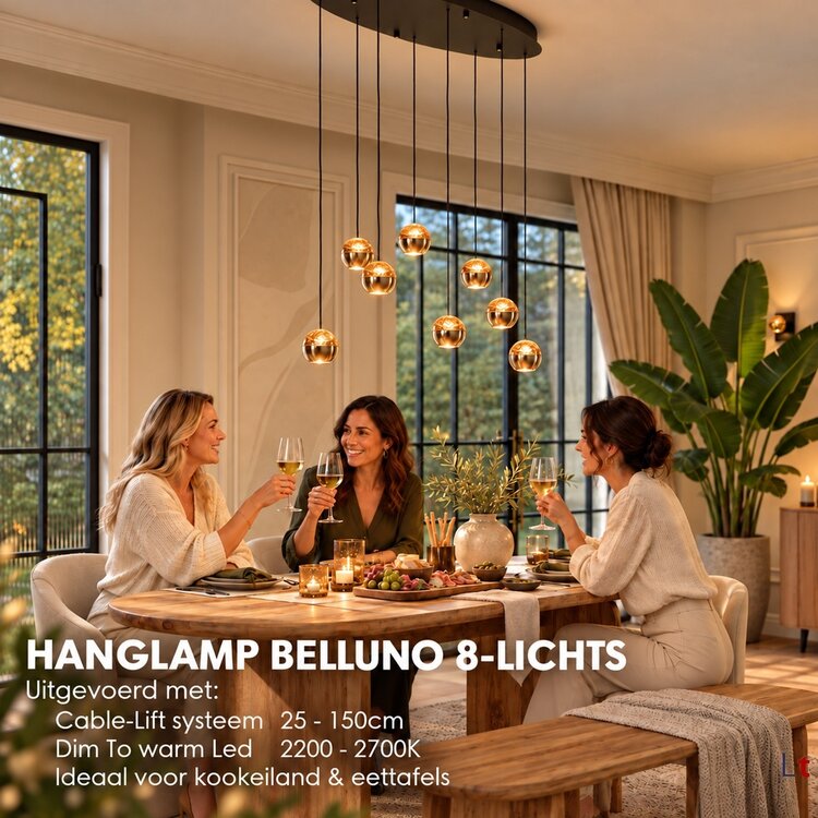 Steinhauer Hanglamp Belluno Zwart/Messing 8 Lichts Ovaal Amber Glas L 100cm