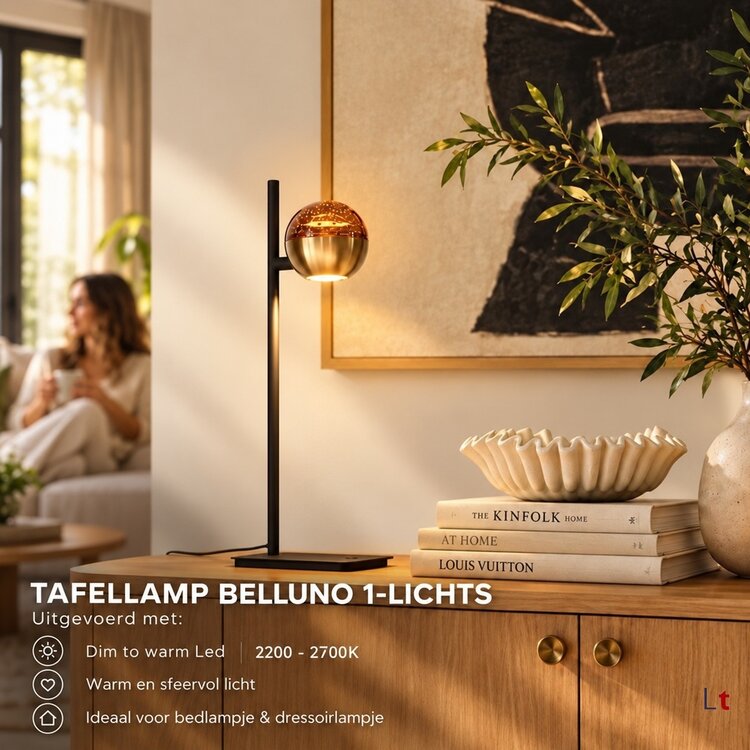 Steinhauer Tafellamp Belluno Zwart/Messing 1-lichts Amber Glas Ø 10cm