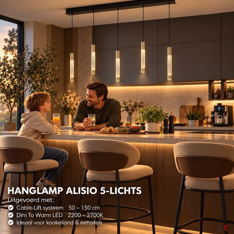 Steinhauer Hanglamp Alisio Messing 5-lichts Cable Lift & Dim to Warm