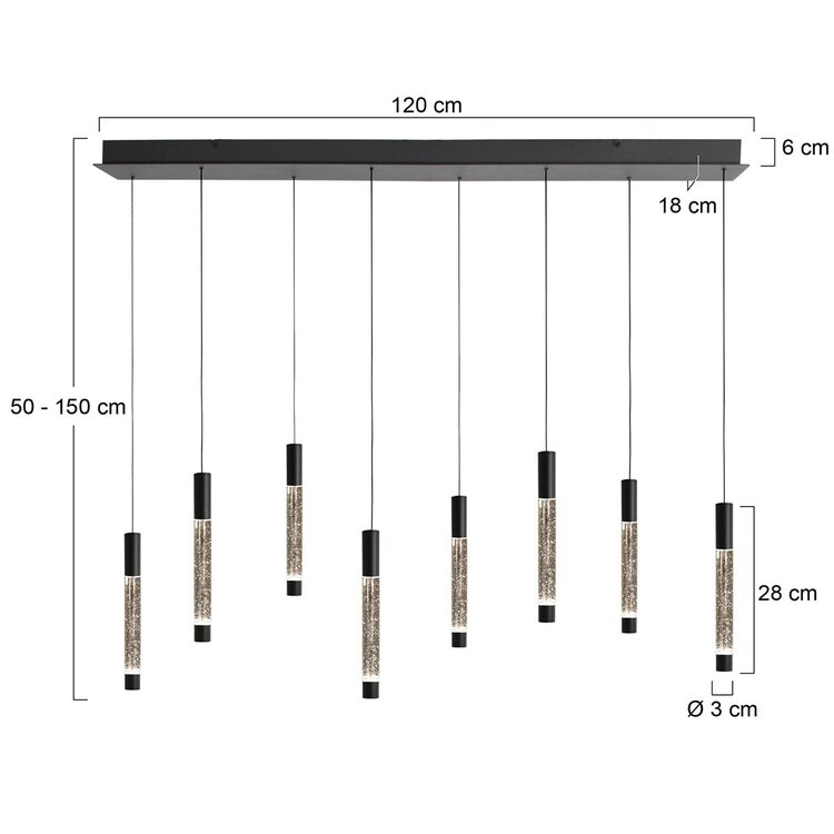Steinhauer Hanglamp Alisio Zwart 8-lichts 120 cm Plafondbalk met Cable Lift & Dim to Warm