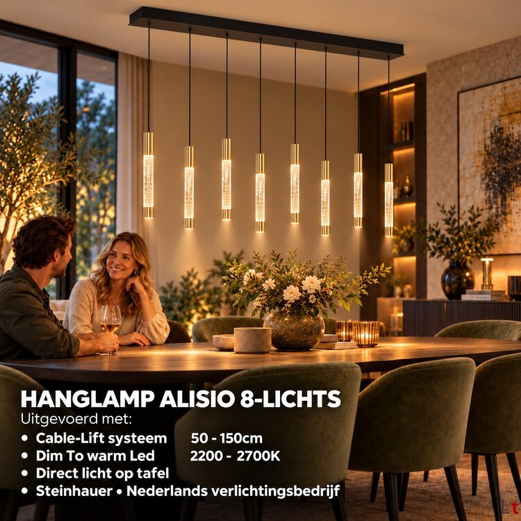 Steinhauer Hanglamp Alisio Messing 8-lichts 120 cm Plafondbalk met Cable Lift & Dim to Warm