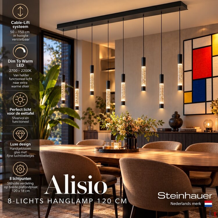 Steinhauer Hanglamp Alisio Zwart 8-lichts 120 cm Plafondbalk met Cable Lift & Dim to Warm