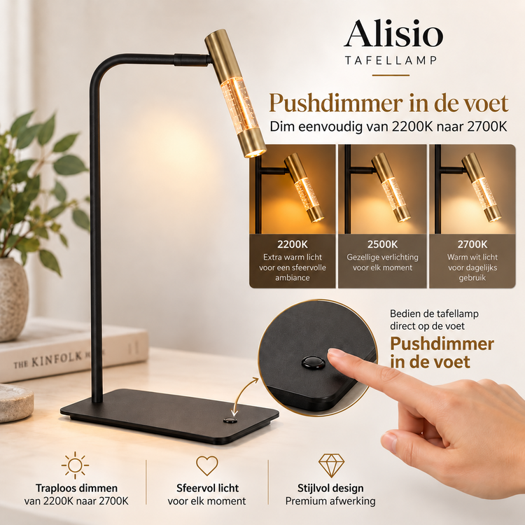 Steinhauer Tafellamp Alisio Messing Zwart Draaibaar met Pushdimmer & Dim to Warm