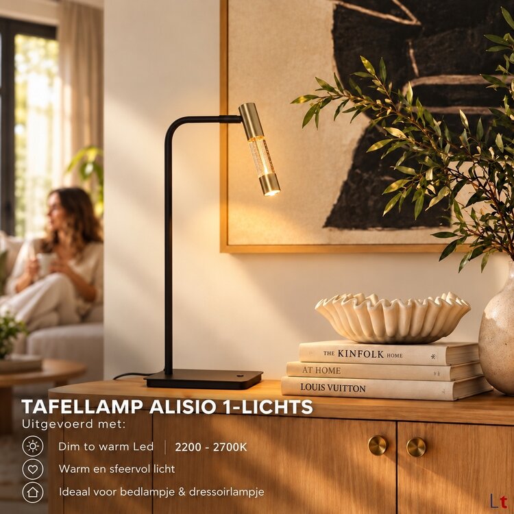 Steinhauer Tafellamp Alisio Messing Zwart Draaibaar met Pushdimmer & Dim to Warm