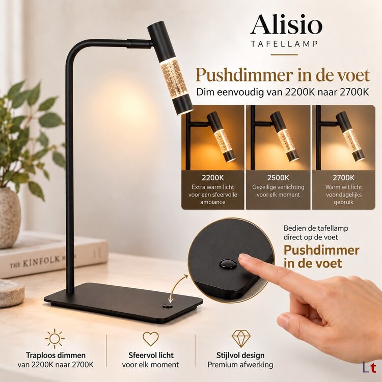 Steinhaer Steinhauer Tafellamp Alisio Zwart 1-lichts Draaibaar met Pushdimmer & Dim to Warm
