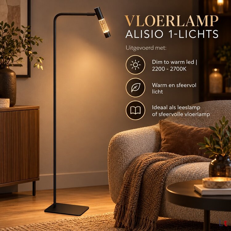 Steinhauer Vloerlamp Alisio Zwart 1-lichts Verstelbaar met Pushdimmer & Dim to Warm